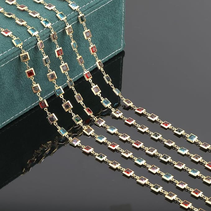 UMAOKANG 9.8 Feet 18K Gold Plated Brass Chains for Jewelry Making Colorful Square Rhinestone Jewelry Making Chain Decorative Craft Chain Roll