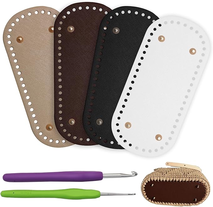 Zorfeter 4 Pack Bag Bases with 2 PCS Crochet Hook, PU Leather Crochet Bottoms Leather Purse Bottoms, 8.7x4 Inch Bag Bottom Shaper for DIY Bag Making/Crochet Enthusiasts