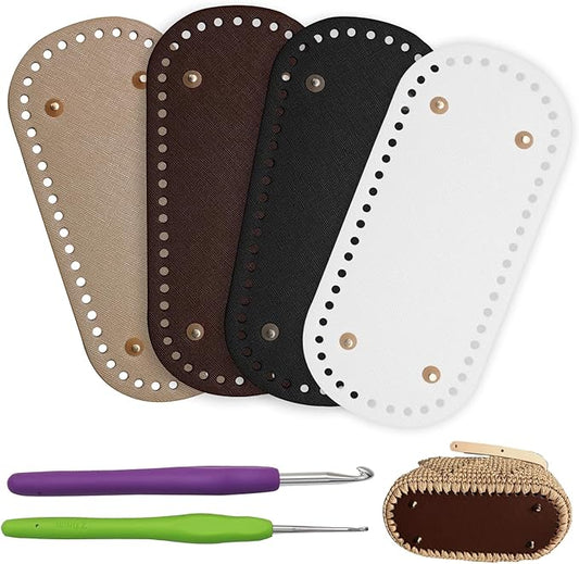 Zorfeter 4 Pack Bag Bases with 2 PCS Crochet Hook, PU Leather Crochet Bottoms Leather Purse Bottoms, 8.7x4 Inch Bag Bottom Shaper for DIY Bag Making/Crochet Enthusiasts