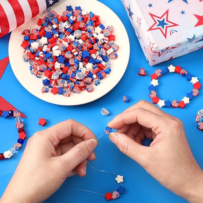 Augshy 300Pcs Patriotic Polymer Clay Beads, Round Red White Blue Stars Hearts Circles Butterflies Hats Rainbows 4th of July American Flag Spacer Beads for Bracelet Necklace Making Earrings Craft