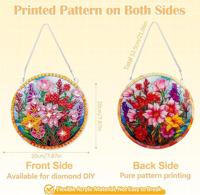 Diamond Art Hanging Kit for Adult, Diamond Painting Ornament Hanging Kit, Special Shaped Rhinestone,DIY Acrylic 5D Art Window Pendants Home Garden Wall Kits,Double Sided (Flower)