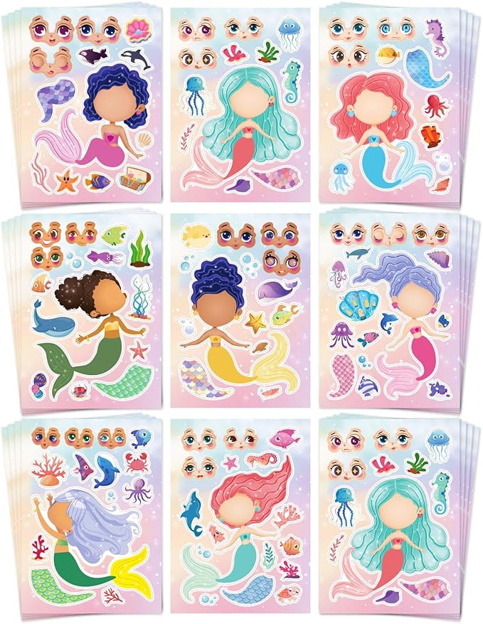 aowplc 32 sheets mermaid make‑a‑face stickers for kids, mermaid party favors for girls, birthday crafts, goodie bag stuffers
