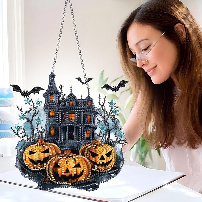Pavemlo Hanging Diamond Art Kits for Adults Halloween Pumpkin – 8x8Inch Double-Sided Acrylic Board DIY Crystal Diamond Suncatcher Pendant, Sparkling Home Wall or Window Decoration Handmade Gift