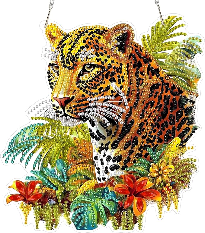 SENQAO Leopard Diamond Art Hanging Kit for Adult, Special Shaped Rhinestone, DIY Acrylic 5D Cheetah Diamond Art Painting Window Pendants Home Garden Wall Hanging Kits Hanging Ornament