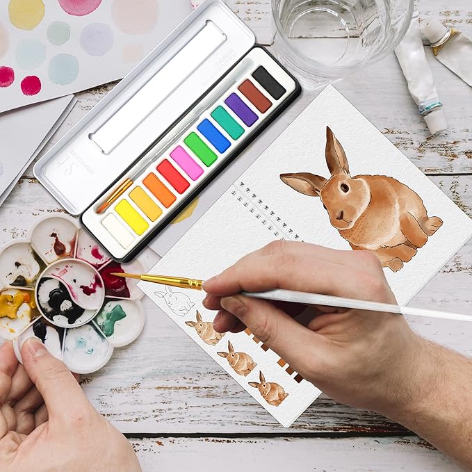 APOLYONE 2-Pack Beginner Watercolor Workbooks: 24 Coloring Pages + 12 Watercolor Paints + Brush – 300gsm/140lb Paper – Gift for Women, Adults & Beginners (Garden & Animals)