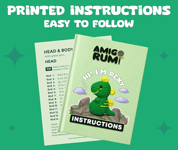 Amigo Rumi Cute Dinosaur Beginners Crochet Kit - Learn How to Crochet Starter Kit - 3+ Hour Video Tutorials & Crocheting Book - Easy to Stitch Yarn - Amigurumi Stuffed Animal for Kids 12+ & Adults