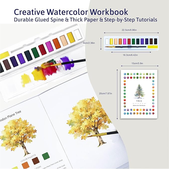 Watercolor Workbook Creative Fruit Water color Paint Book Set with Paints & Brush, 12 Patterns of Original DIY Designs, Beginner-Friendly Adult Coloring Books (Tree)