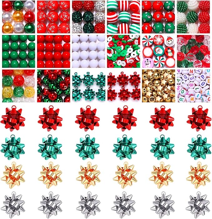 NVENF 600PCS+ Christmas Beads Charms for Jewelry Making, Metallic Christmas Bow Charms, Red Green Clay Beads, Assorted Rhinestone CCB Beads Gold Spacer Beads for DIY Bracelet Necklace Crafts
