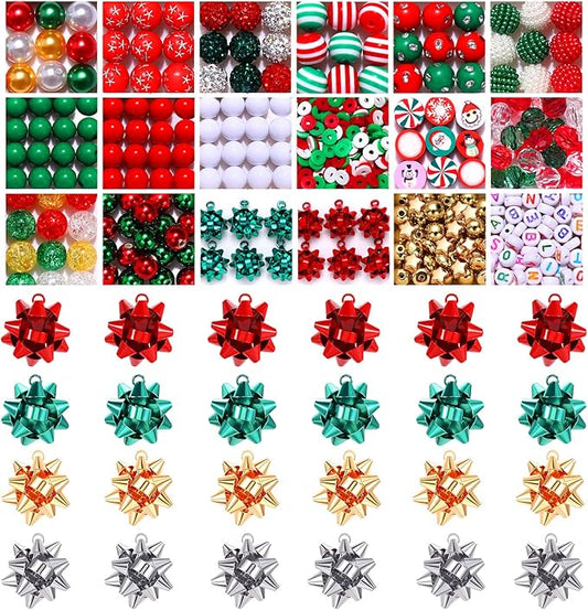NVENF 600PCS+ Christmas Beads Charms for Jewelry Making, Metallic Christmas Bow Charms, Red Green Clay Beads, Assorted Rhinestone CCB Beads Gold Spacer Beads for DIY Bracelet Necklace Crafts