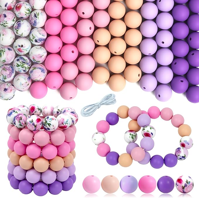 120 Pcs 15mm Silicone Beads for Keychain Making Bracelets Pink Purple Printed 6 Mixed Colors Silicone Round Beads Bulk for Crafts Pens Making