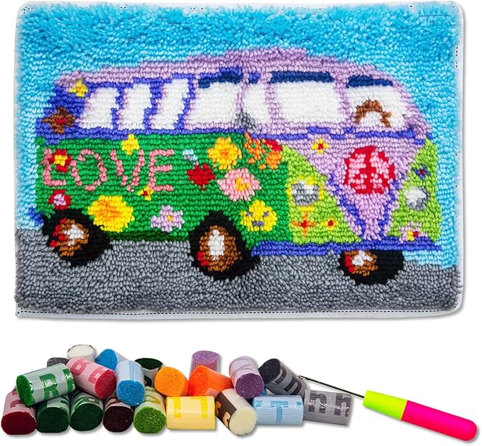 LAPATAIN Latch Hook Kits DIY Crochet Yarn Kits,Flower Car Carpet Embroidery Hook Rug Kit Needlework Sets Cushion for Adults Home Decor 20x15inch