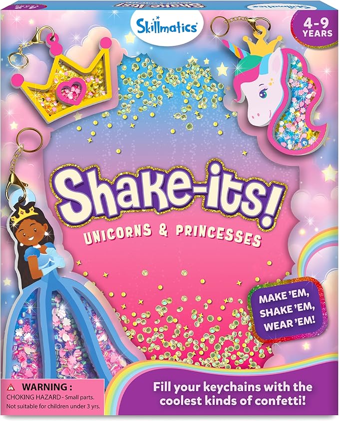 Skillmatics Art & Craft Activity - Shake-its, Unicorns & Princesses, DIY Glitter Craft Kit with Keychains, Creative Travel Toys, Fun Party Favors, Birthday Gifts for Girls & Boys Ages 4, 5, 6, 7, 8, 9