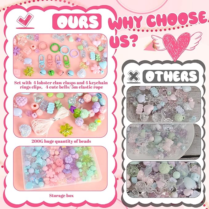 RYKOMO 450-550PCS Assorted Acrylic Beads for Bracelet Making Kit, with Bell, String, Key Rings, Clips in 4 Colors Flowers Hearts Bows Bears Candy Kawaii Cute Beads for DIY Keychain Jewelry Making