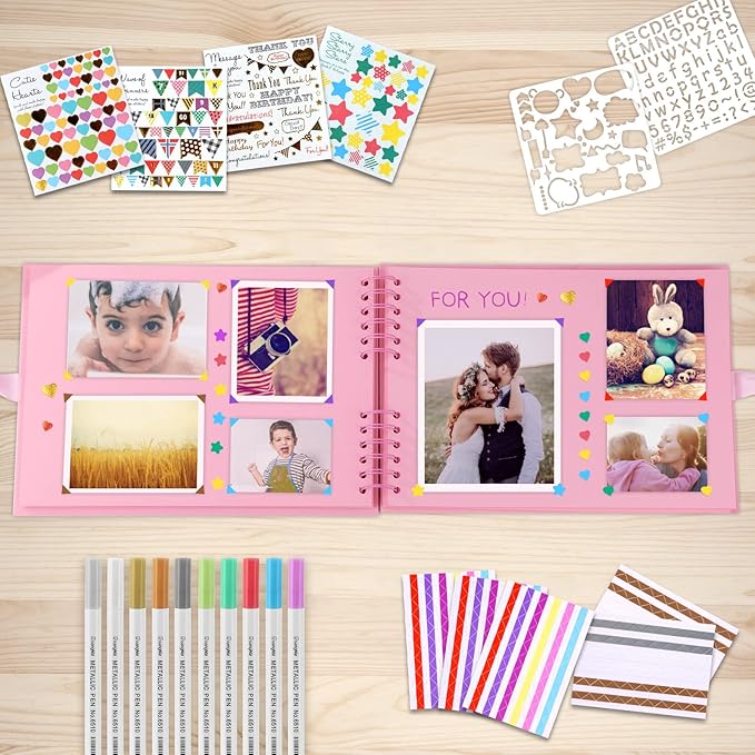 Gotideal 80 Pages Scrapbook Album with 10 Metallic Markers, Craft Paper Photo Album for Wedding and Anniversary, Family DIY Scrapbook Accessories with Scrapbooking Stickers Corners(Pink)