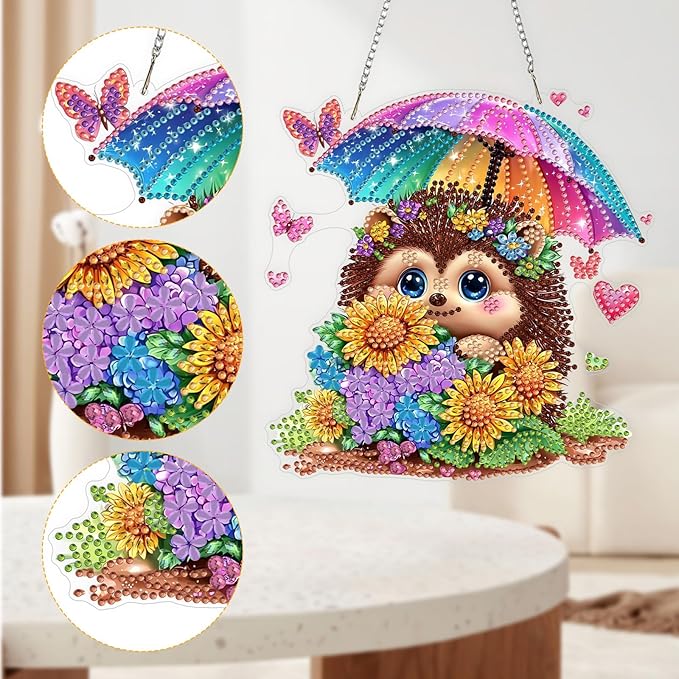 QENSPE Diamond Painting Art Hanging Kits for Adults, 5D Cute Hedgehog Special Shape Diamond Paingting Ornaments with Chain, DIY Sunflower Crystal Window Pendants for Home Wall Decor Gifts 8X8 inch