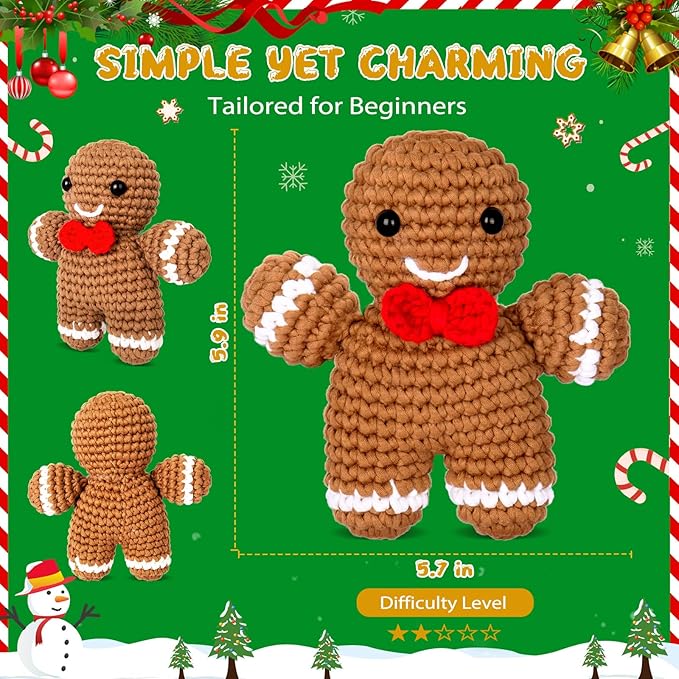 Crochetta Crochet Kit for Beginners, Amigurumi Crocheting Animals Kits w Step-by-Step Video Tutorials, Knitting Starter Pack for Adults and Kids, Jumbo Gingerbread Man (40%+ Yarn Content)