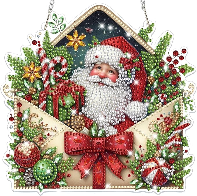 Bowetile Christmas Diamond Art Hanging Kits for Adults, Diamond Art Suncatchers Santa Claus, 5D Special Shape Diamond Painting Pendant Window Ornament Christmas Gifts for Home Door Wall Decor