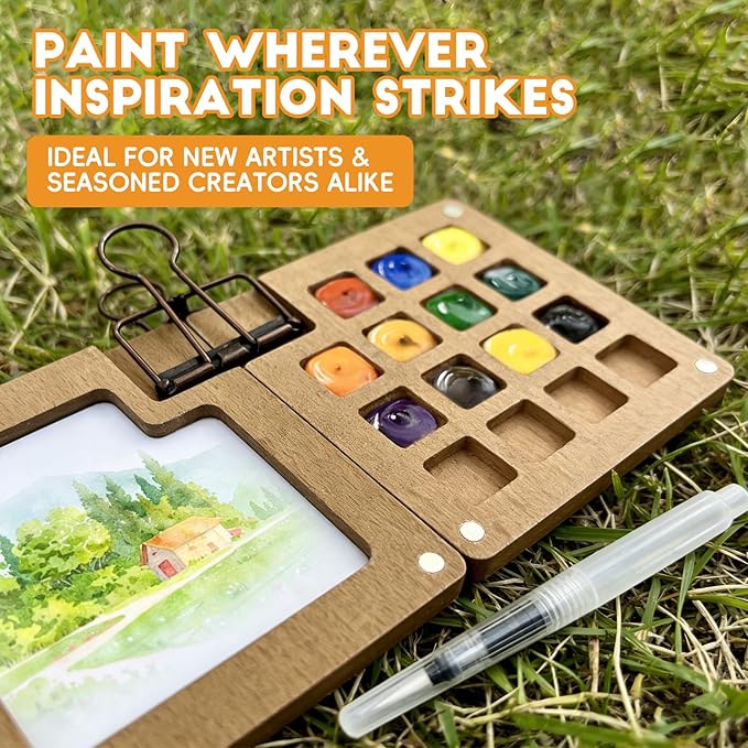 Mini Watercolor Paint Set, 24 Colors Travel Watercolor Kit with 15 Grids Walnut Wood Palette, Water Brush, Sketchbook & Clip | Portable Pocket Painting Set for Adults, Beginners, Artists, Students