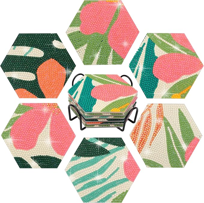 Temlum 6 Pcs Diamond Painting Coasters with Holder, Flower Diamond Art Coasters Diamond Small Painting Kits for Beginners, Adults Art Craft Supplies
