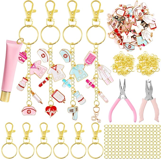 254 Pcs Medical Nurse Lip Gloss Keychain Charms Making Kit Include Assorted Stethoscope Enamel Charms Keychain Clips Extender Chains Jump Ring Plier DIY Jewelry Craft Gifts for Women Adults