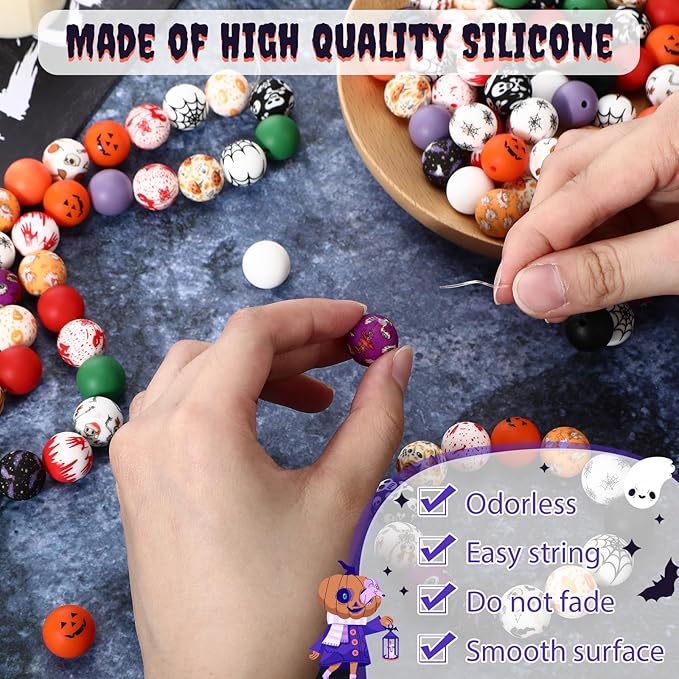 Ferreve 120 Pcs 15mm Silicone Beads Bulk Silicone Beads Print Rubber DIY Bracelet Making Kit for Keychain Making Pens Necklace Jewelry(Halloween)