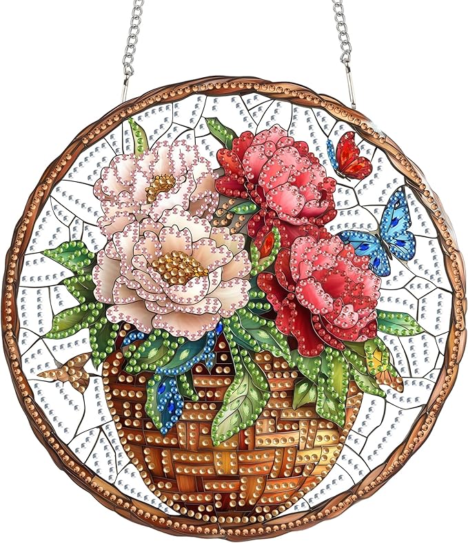 Yomiie Hanging Diamond Art Ornament Kits– DIY Double Sided Acrylic Sun Catcher with Flowers, Front Door Sign & Porch Decor, Crystal Diamond Painting Pendant for Home, Garden, Windows (8x8 inch)