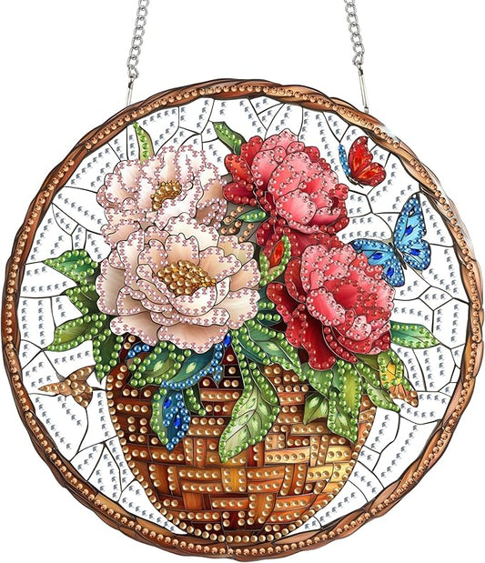 Yomiie Hanging Diamond Art Ornament Kits– DIY Double Sided Acrylic Sun Catcher with Flowers, Front Door Sign & Porch Decor, Crystal Diamond Painting Pendant for Home, Garden, Windows (8x8 inch)