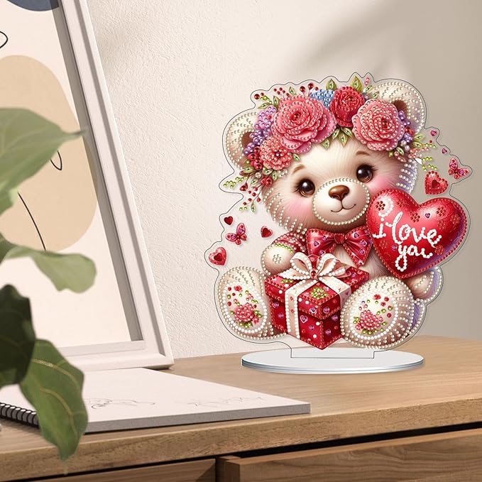 VODAPYC Mother's Day Diamond Art Tabletop Painting Kit, DIY Stand Up Double Sided Special Shaped Diamond Painting Desktop Ornament(Little Bear of Love)