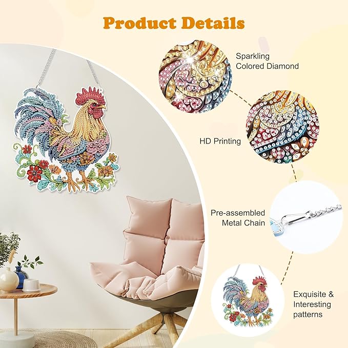 HEIBAG Rooster Hanging Diamond Art Kits for Adults, Chicken Special Shaped Crystal Diamond Painting Ornament Kit, DIY Double-Sided Pattern Window Pendant Gem Art Kit for Home Wall Decor 8.3x8.3inch