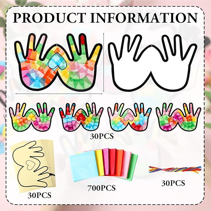Yaomiao 30 Set Mother's Day Crafts Heart Handprint Suncatchers Paper Crafts Kit DIY Stained Glass Kit Effect Tissue Paper Hanging Suncatchers for Mother's Day Home Birthday Party Favors Gifts