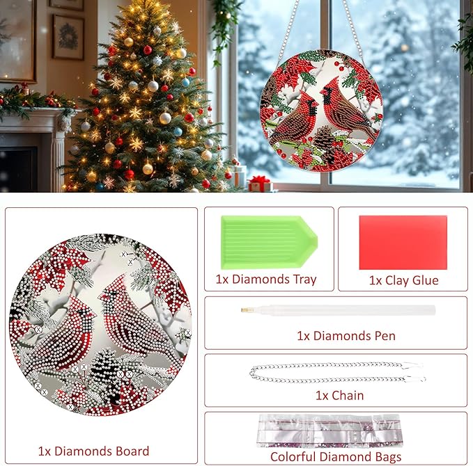 SENQAO Christmas Diamond Art Hanging Kits for Adults Kids, Christmas Cardinal Diamond Art Suncatchers, 5D Special Shape Diamond Painting Pendant Window Ornament Gifts for Home Door Wall Decor