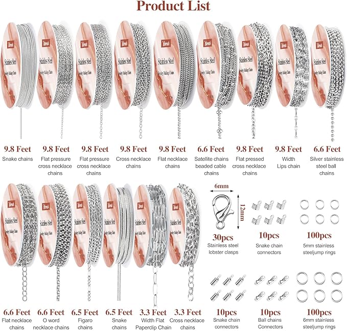 wisreach necklace chains for jewelry making, 118 feet 15 rolls stainless steel jewelry chains for diy necklace bracelet making with stainless steel jump rings/lobster clasps/connectors