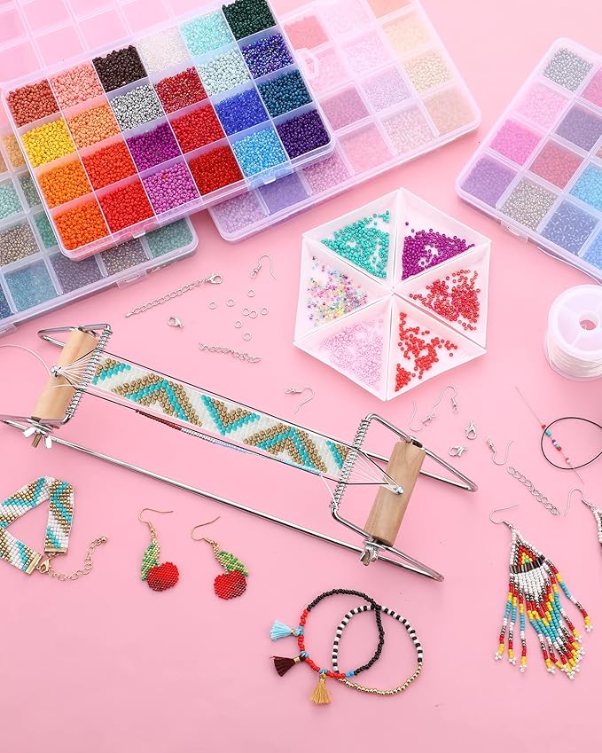 Jexine Bead Loom Kit for Adults 48000 Pcs Beading Loom Supplies with 96 Color 2 mm Glass Seed Bead Bracelets Valentine's Day Gifts Jewelry Earring Making Tools Gifts for Women DIY Craft