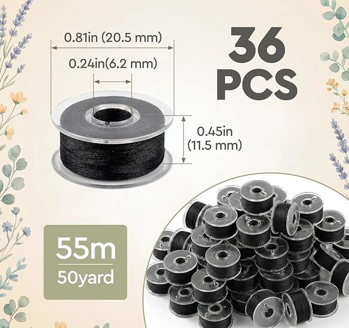 ilauke 36 pcs Black Bobbin Thread, Size A Prewound Sewing Thread Bobbins with Clear Storage Plastic Case Box Compatible with Brother Singer Embroidery BabyLock Janome Singer, 60WT