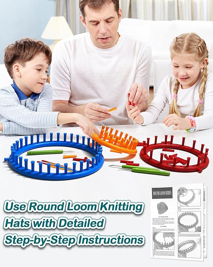 UCDRMA Loom Knitting Kit with Step-by-Step Instructions, Cost-Effective 3 Size Round Knitting Loom for Beginners, Easy & Quick Hat Knitting Loom Set/Scarf Loom Knitting Set with 3 Hooks & 6 Needles