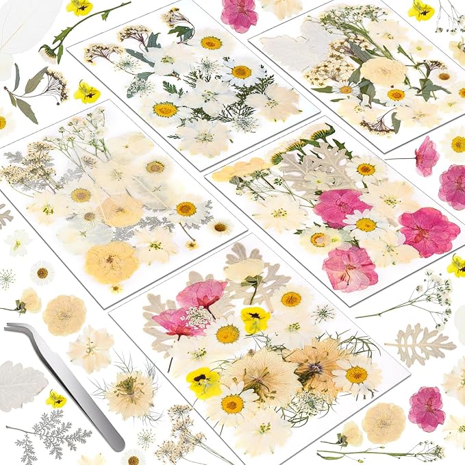 Dried Pressed Flowers for Resin, Real Pressed Flowers Dry Leaves Bulk Natural Herbs Kit for Scrapbooking Art Crafts Epoxy Resin Jewelry Mold Candle Soap Making Nails Décor (White & Pink Floral)