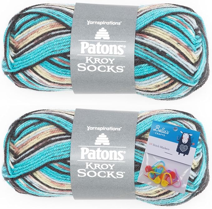 Patons Kroy Socks Yarn 2-Pack Bundle with Bella's Crafts Stitch Markers (Turquoise Jacquard)