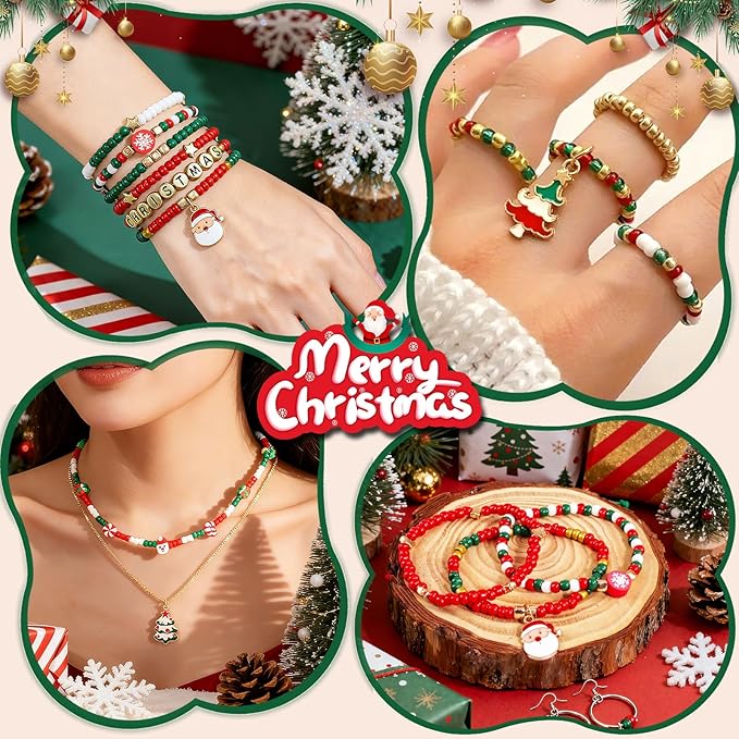 Redtwo Christmas Bracelet Making Kit, 2100 Pcs 4mm Glass Seed Beads Friendship Bracelet Kit, Holiday DIY Craft with Christmas Charms, Gifts for Crafts Lover