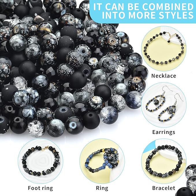 Glass Beads for Jewelry Making Adults, Black Bracelet Beads Set, 900pcs Including 8mm Assorted Round Beads, 4mm Bicone Crystal Beads, 2-4mm Spacer Seed Beads for Phone Charm, Earring, Necklace