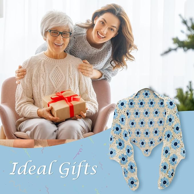 Noocro Crochet Kit for Intermediate or Advanced Levels, Complete Craft Kit for a Floral Daisy Shawl with Step by Step Video Tutorials Detailed Instructions, Perfect Holiday Gift or DIY Project (Blue)