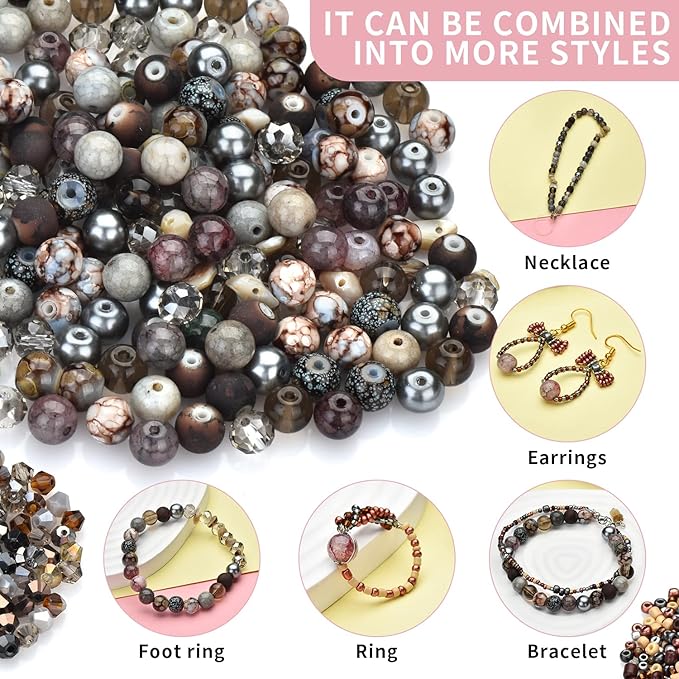 Rired 27 Craft Beads Bracelet Making Kit, 900pcs Grey Beads Include Assorted Glass Beads, Bicone Beads, Spacer Seed Beads for Jewelry Making, Necklace, Phone Charms and DIY Earrings