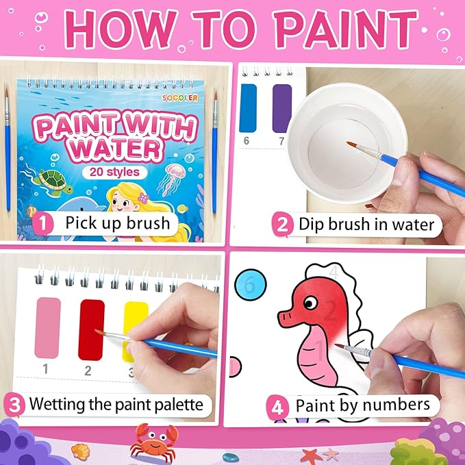 SOCOLER Paint with Water Coloring Books for Toddlers,Mess Free Watercolor Painting Sets for Kids,Water Color Paint Kit,Art Craft Birthday Gift for Ages 1-3, 4-8(Sea World)