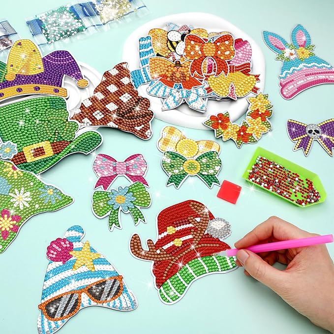DoubleFill 42 Pcs Easter Diamond Kits St Patricks Day Interchangeable Wooden Table Decorations DIY Holiday Easter Party Seasonal Tiered Tray Art Decor Diamond Painting Magnets(Highland Cow)