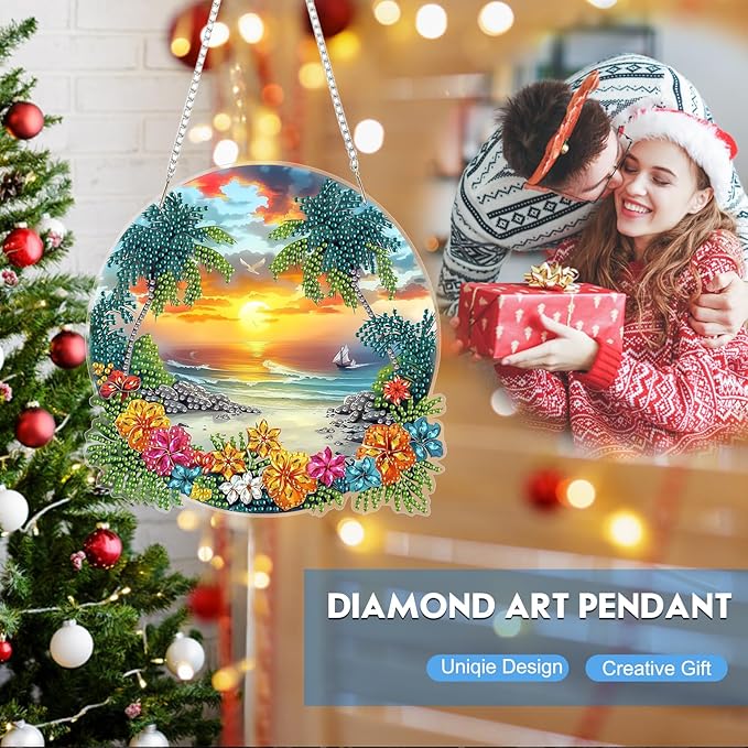 Hanging Diamond Art Kit for Adult, Seaside Flower, 5D Special Shaped Rhinestone Diamond Painting Ornament, Beach Landscape, DIY Acrylic Diamond Art Painting Window Pendants Home Garden Wall Decor