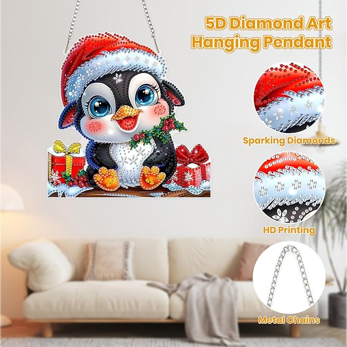 MOGTAA Christmas Diamond Art Hanging Kits for Adults Kids, Penguin Diamond Art Suncatchers, 5D Special Shape Winter Diamond Painting Window Pendant Kit for Home Garden Wall Decor