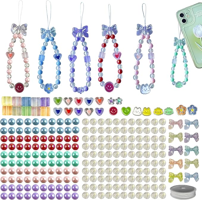 SHUANGART 252 Pcs Phone Chain Beaded Making kit, Cell Phone Charms Lanyard Wrist Strap Set with Acrylic Assorted Pastel Beads Butterfly Flower Heart Candy Round Beads for Women DIY Bracelet Keychain