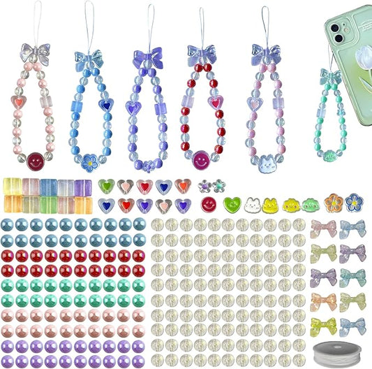 SHUANGART 252 Pcs Phone Chain Beaded Making kit, Cell Phone Charms Lanyard Wrist Strap Set with Acrylic Assorted Pastel Beads Butterfly Flower Heart Candy Round Beads for Women DIY Bracelet Keychain