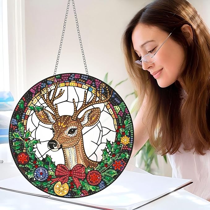 Hanging Diamond Art Kits for Adults Christmas Deer – 8x8 Inch Double-Sided Acrylic Board DIY Crystal Diamond Suncatcher Pendant, Sparkling Home Wall or Window Decoration Handmade Gift
