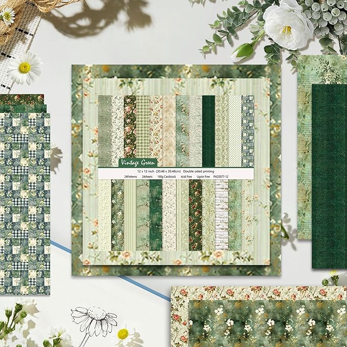 12x12 Scrapbook Paper, 24 Sheets/24 Designs Vintage Green Scrapbook Paper Set, Double-Sided Garden Pattern Floral Decorative Craft Paper For DIY Card Making Photo Album Journal Decor