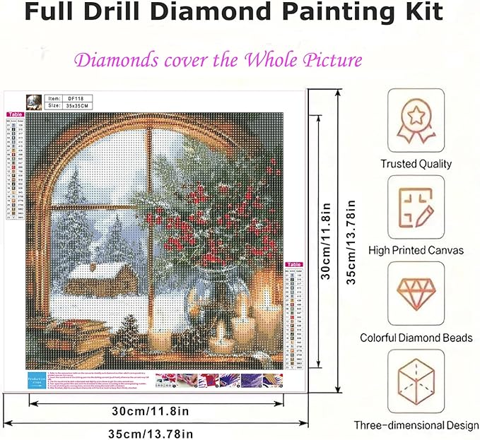 DIYDECORFUN Christmas Window Diamond Art Kits for Adults, Winter 5D Xmas Diamond Painting Kit for Beginner, DIY Full Drill Paint with Diamond Dot Gem Painting for Decor Gift14 x14 Inch